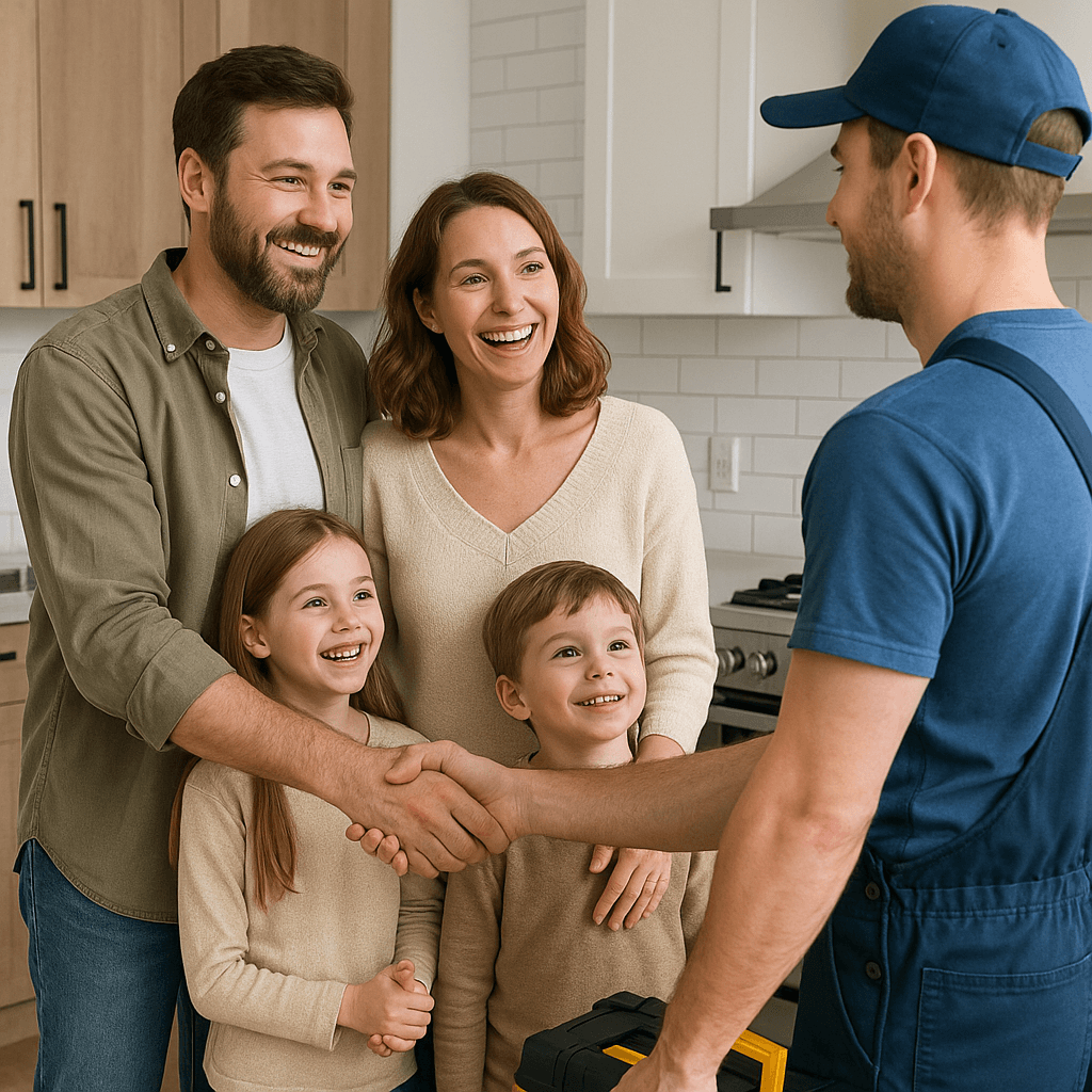 A family of four thanking a worker in their kitchen.