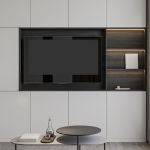 Minimalist Modern Living Room with Built-In Shelving and Digital